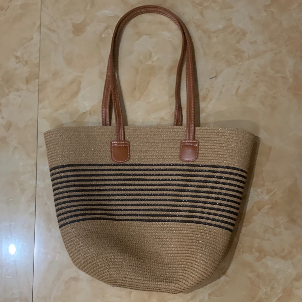 Straw Tote Bag with Black Stripe and Brown Handles